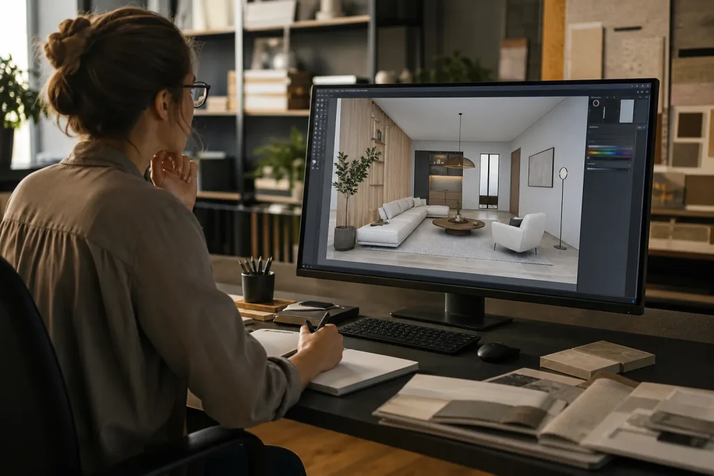 Architecte d'intu00e9rieur travaillant sur un plan 3D