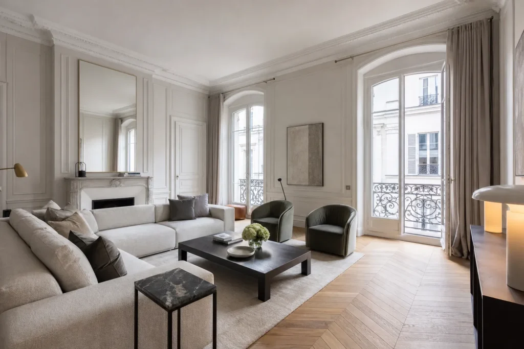 Salon ru00e9novu00e9 avec parquet en point de Hongrie