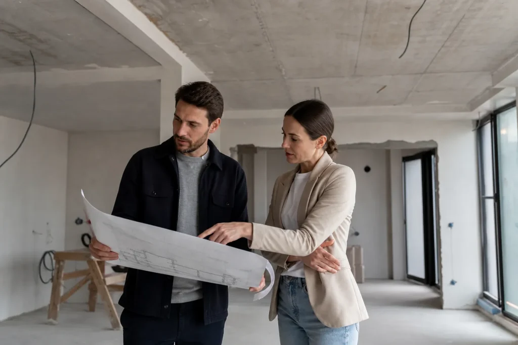 Architecte d'intu00e9rieur et cliente sur un chantier