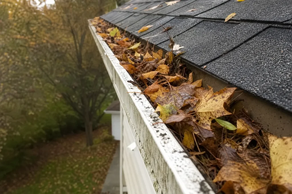 Gouttiu00e8re bouchu00e9e par des feuilles
