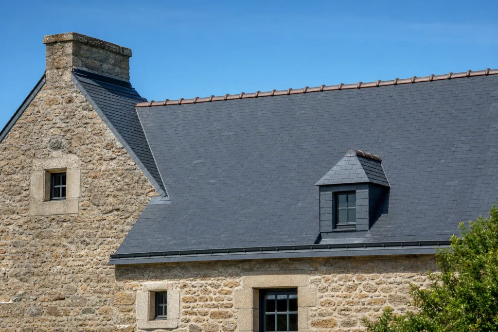 Toiture en ardoise neuve sur une maison en pierre